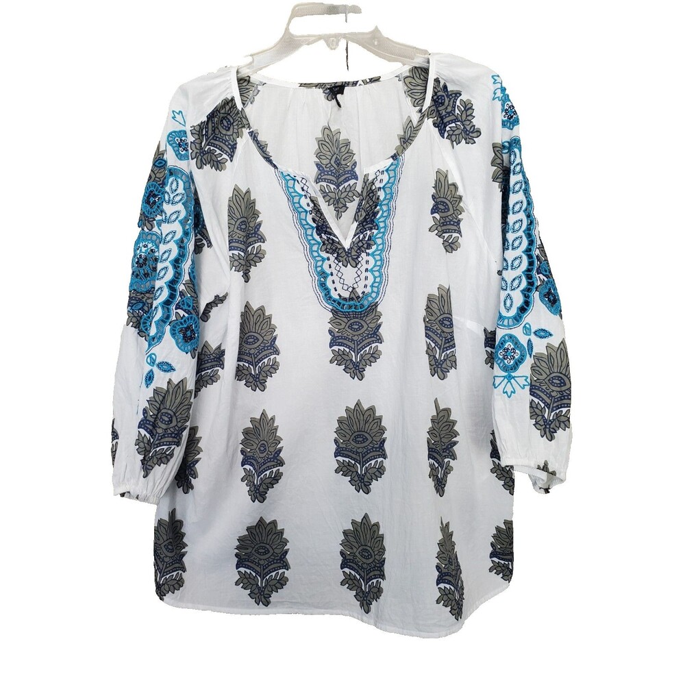 Talbots Plus Cotton Block Print Embroidered Cut-Outs Peasant Top Size 2X